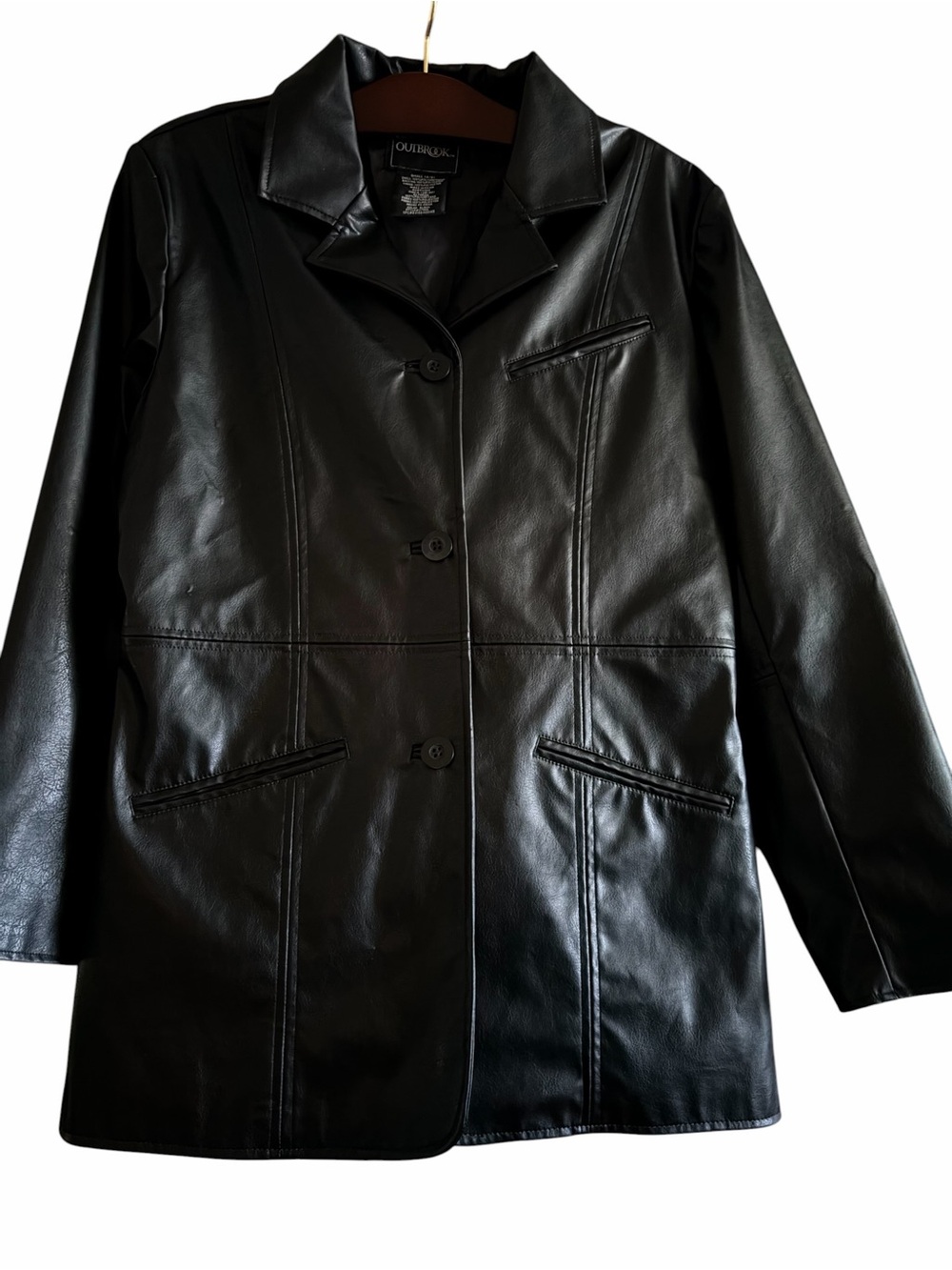 Vintage 90s Y2K Outbrook Black Faux Leather Jacket Matrix Car Coat Blazer Small